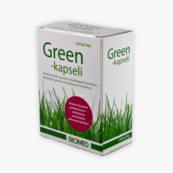 Green-kapseli. Spiruliina ja chlorella lisäravinteet Vauvaari.fi verkkokaupasta.